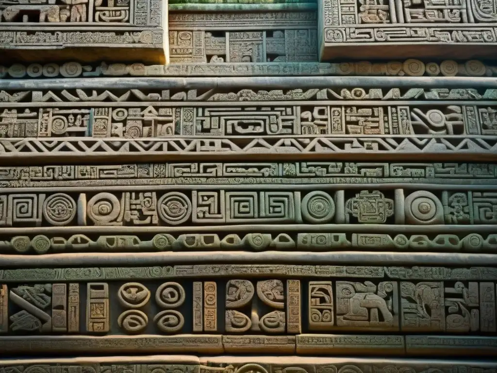 Intrincadas geometrías sagradas de la civilización maya esculpidas en un templo ancestral