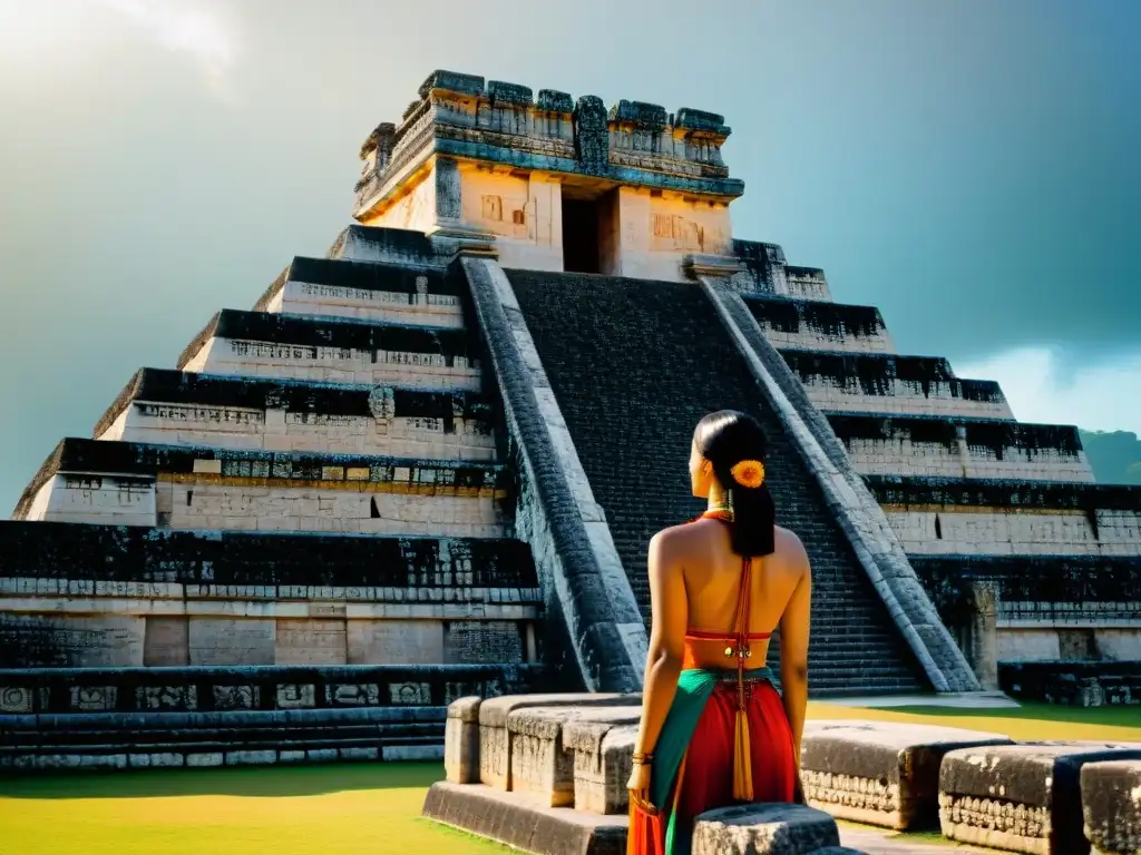 Intrincadas talladuras y glifos en el Templo de los Guerreros en Chichén Itzá, revelando los secretos de la cultura maya