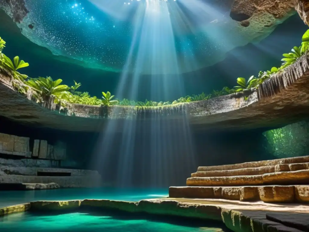 Intrincadas grabados mayas en cenote, con motivos celestiales y constelaciones entre formaciones rocosas