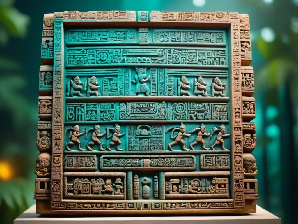 Intrincadas inscripciones y colores vibrantes en una estela maya, revelando los misterios no resueltos de la civilización maya