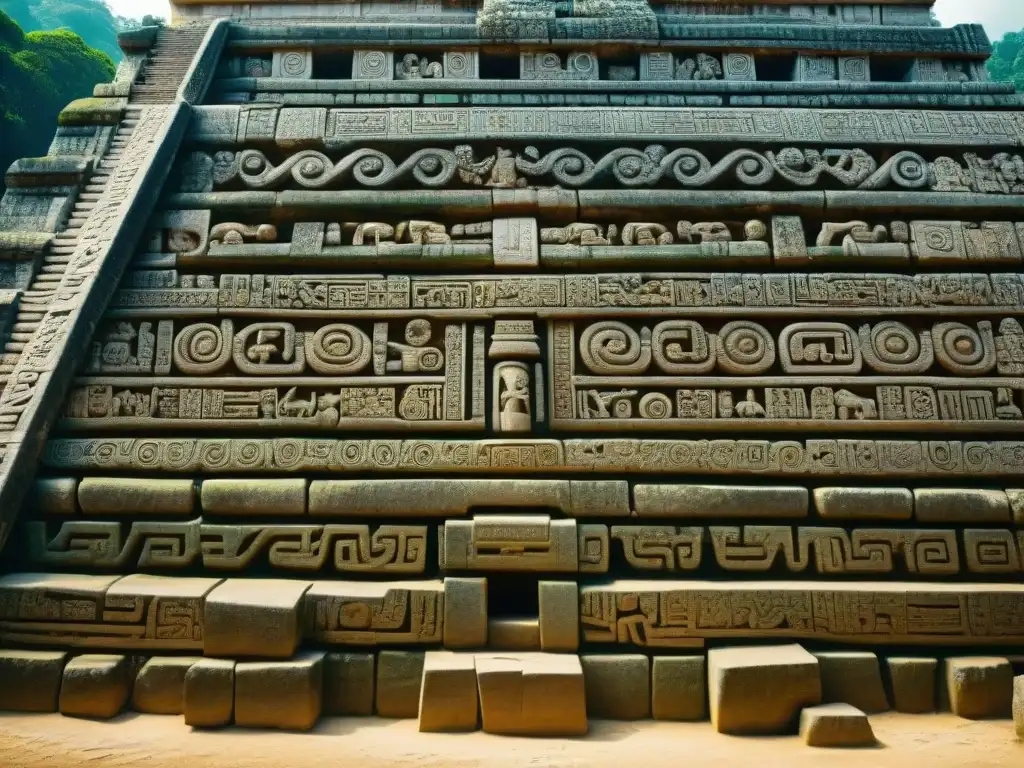 Intrincadas inscripciones y glifos en las ruinas del Templo de las Inscripciones en Palenque, revelando secretos de la civilización maya