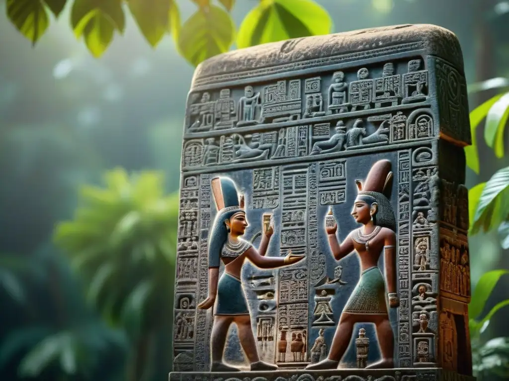 Intrincadas inscripciones mayas en estela de Dos Pilas, resaltando la historia del reino maya