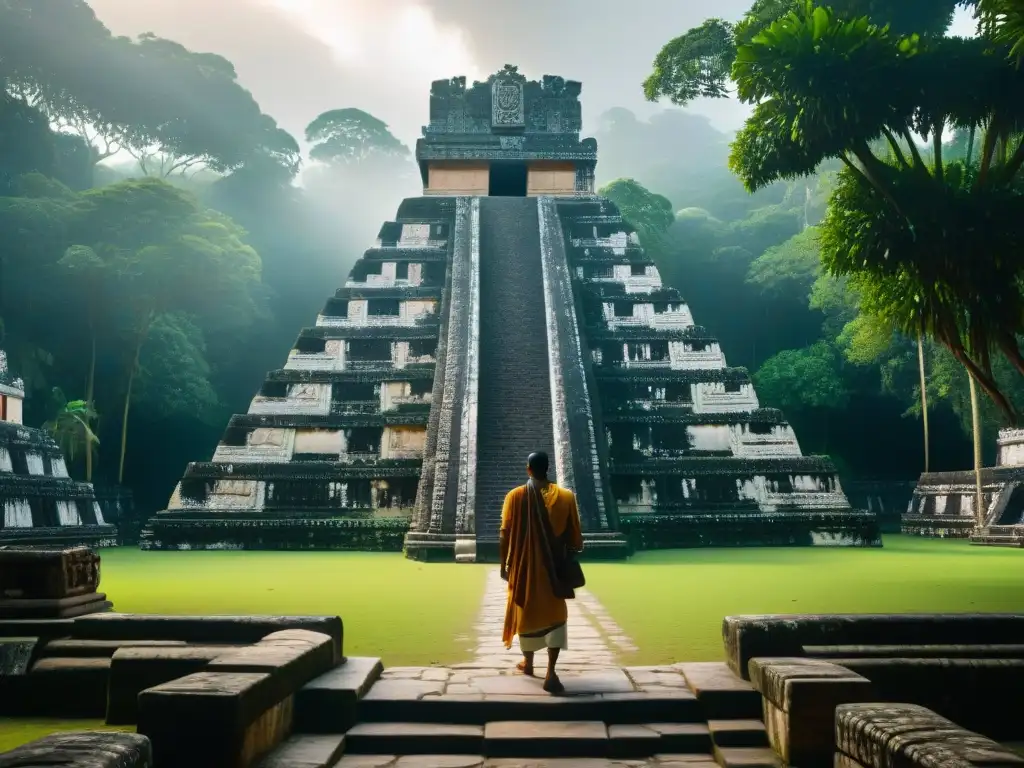 Intrincadas inscripciones en templo maya con luz suave filtrándose desde la selva densa