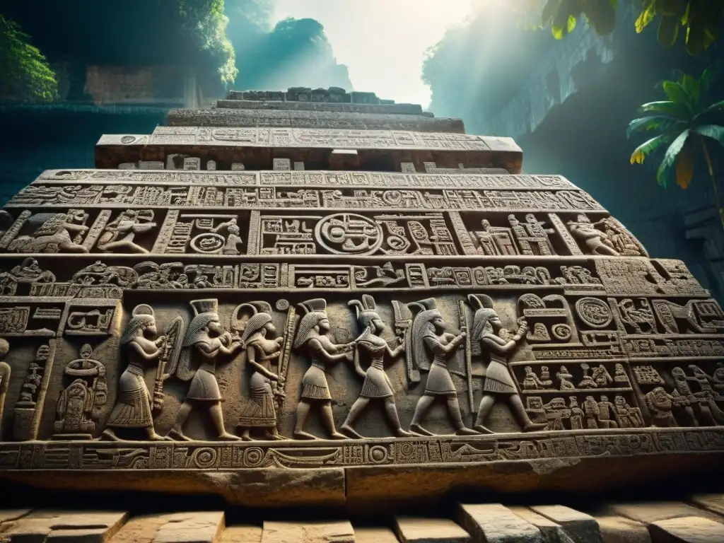 Intrincadas jeroglíficos mayas esculpidos en piedra en Dos Pilas, revelando historia reino maya