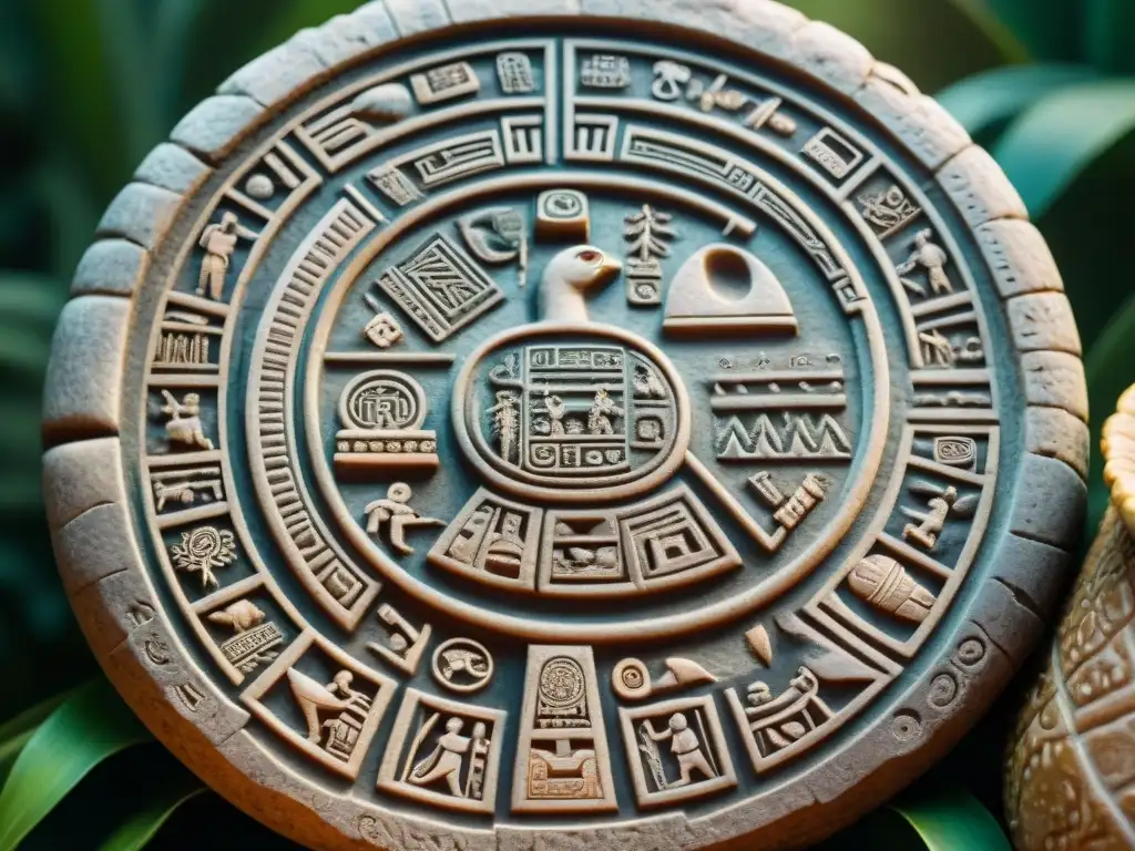 Intrincadas jeroglíficos mayas en piedra representan la creación del Popol Vuh