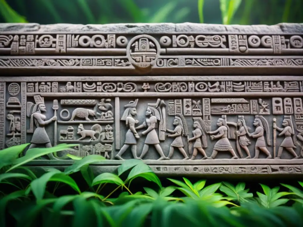 Intrincadas jeroglíficos mayas tallados en piedra, rodeados de selva tropical, evocando el legado educativo de la cosmogonía maya