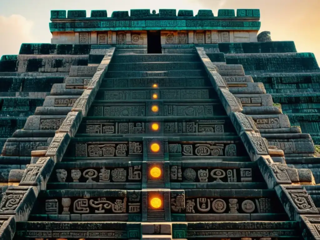 Intrincadas carvings y jeroglíficos en las pirámides mayas, resaltando su función astronómica