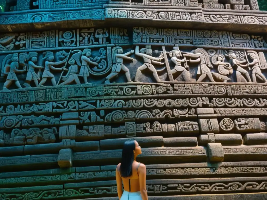 Intrincadas marcas astronómicas del Templo de la Cruz en Palenque, resaltando la precisión y conocimiento maya de Observatorios Mayas Plazas Gemelas