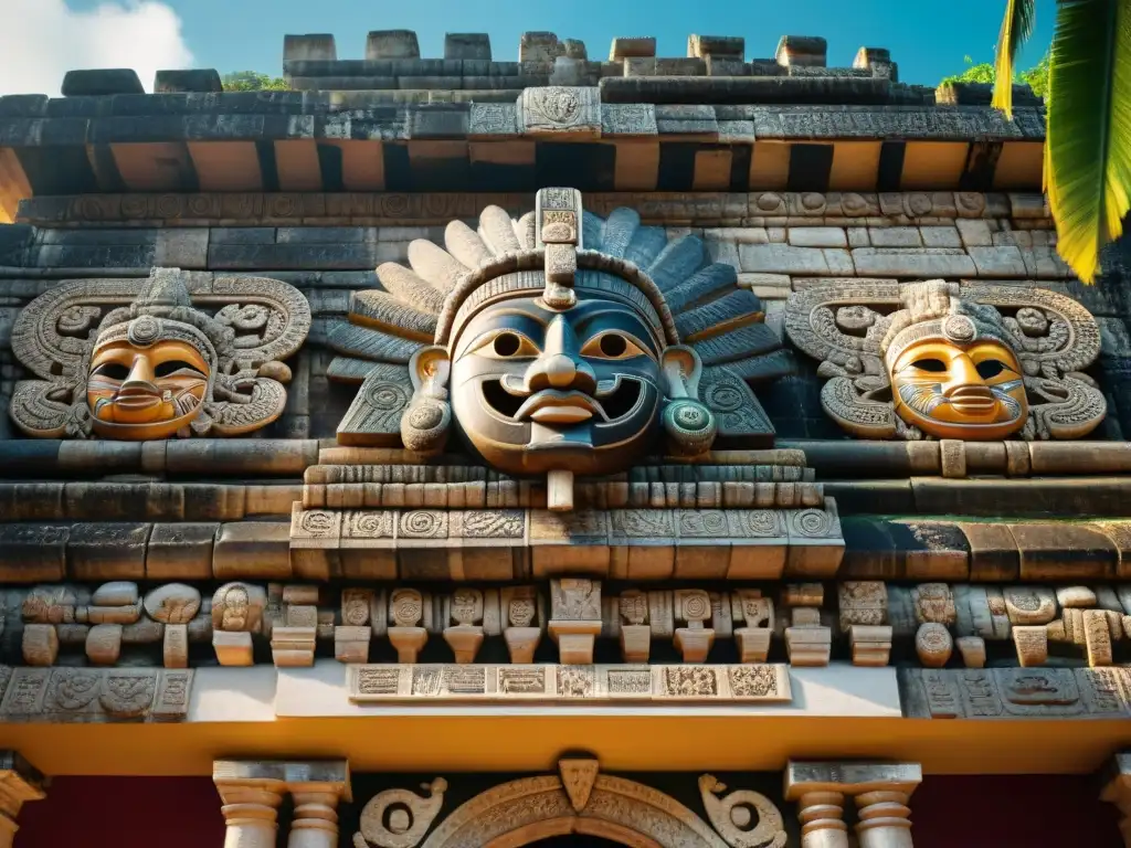 Intrincadas máscaras y jeroglíficos adornan el Palacio de las Máscaras en Kabah, reflejando la autoridad de la arquitectura maya