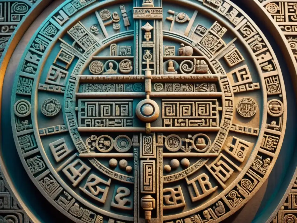 Intrincadas matemáticas en la historia maya: detallado calendario de piedra con símbolos mayas y complejas inscripciones