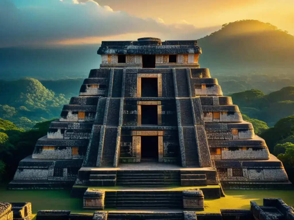 Intrincadas carvings y motivos celestiales en el observatorio maya, bañados en luz dorada del atardecer