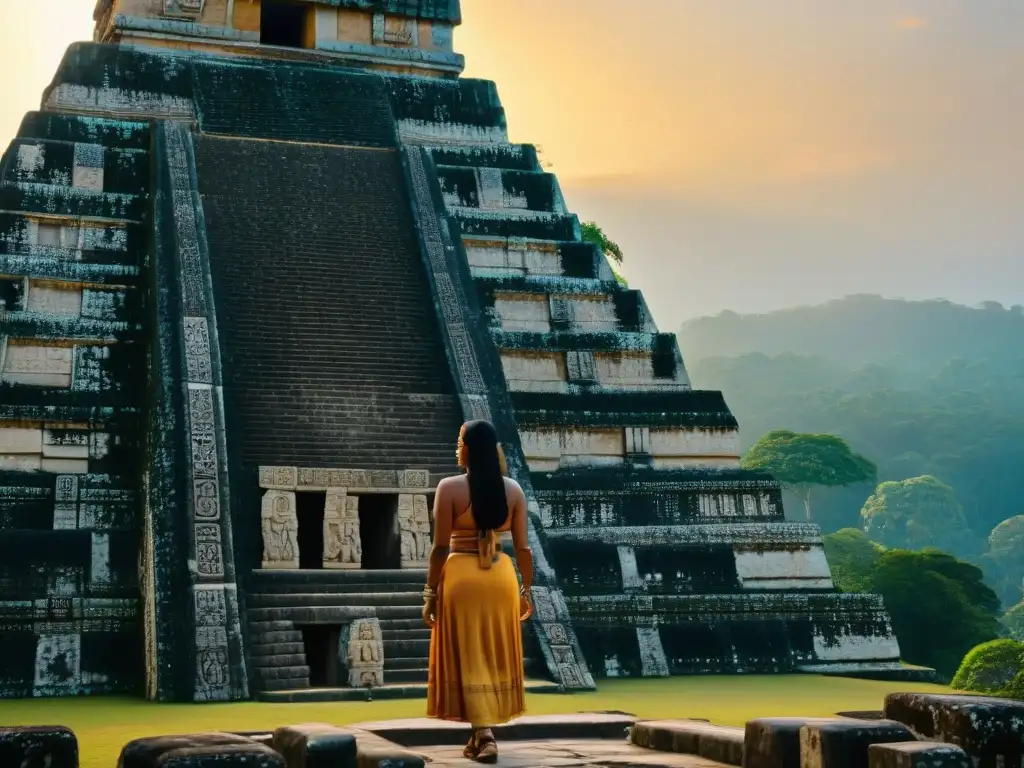 Intrincadas profecías eclipses fin del mundo en Tikal, Guatemala, iluminadas por el sol poniente, evocando la historia maya