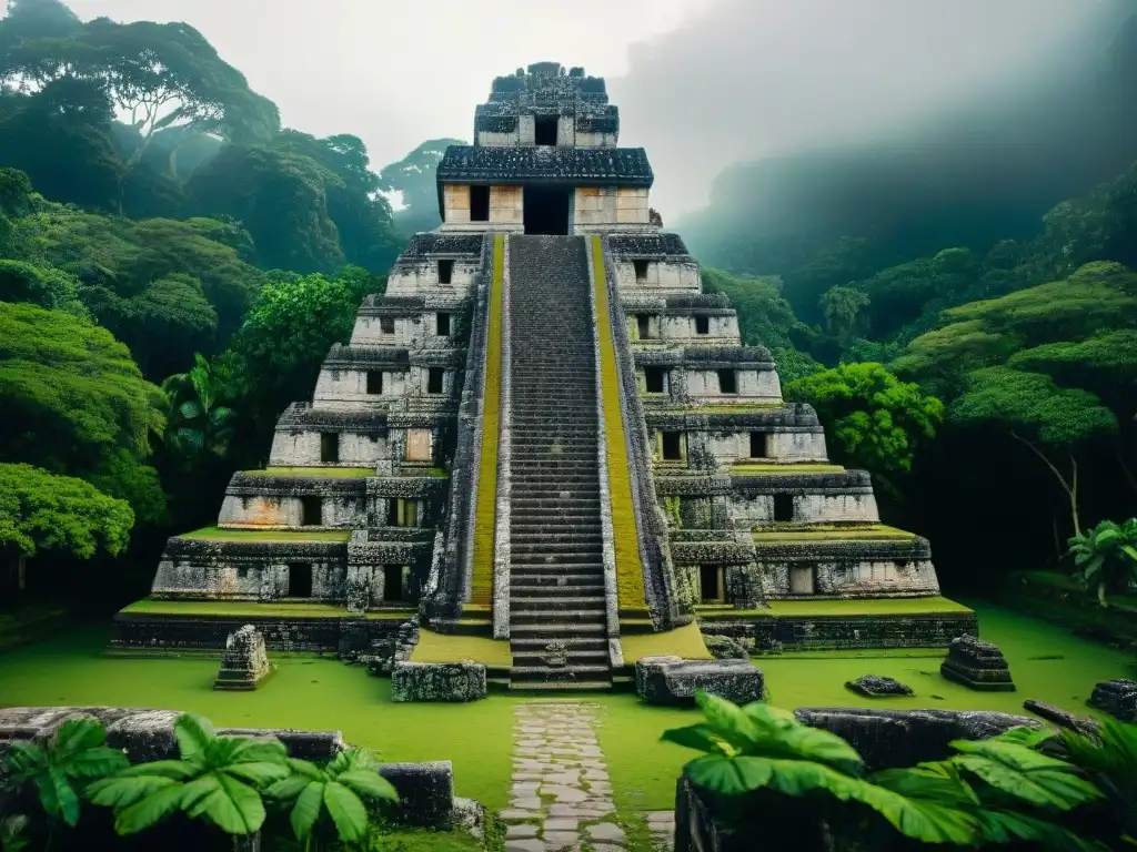 Misteriosas ruinas mayas: templos de piedra entre la selva Intrincadas ruinas de una ciudad maya, la desaparición o transformación de los mayas se siente en la atmósfera mística de la imagen