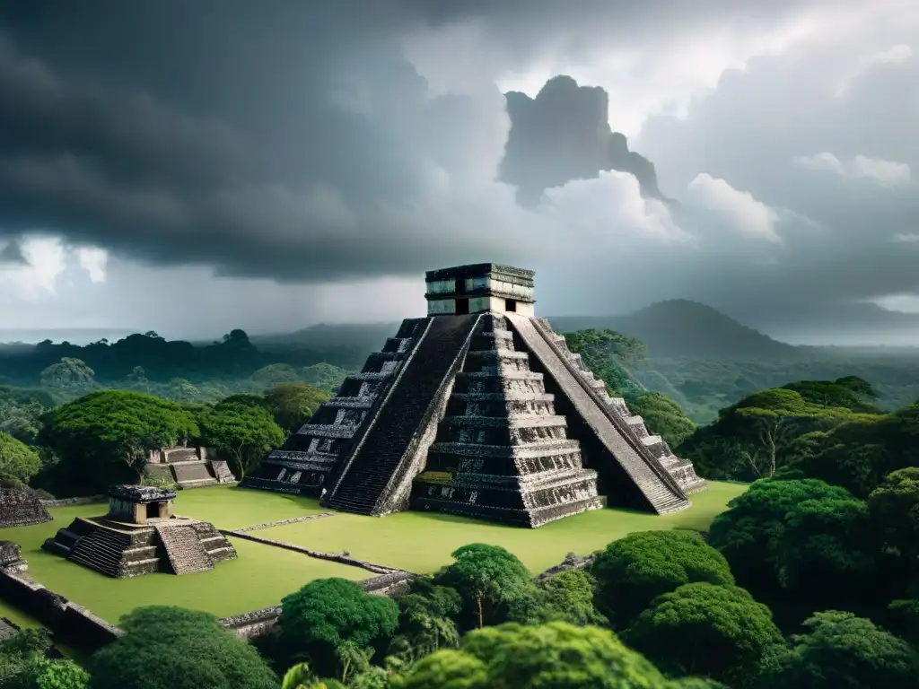 Intrincadas ruinas mayas en la selva con nubes de tormenta, simbolizando el colapso de la civilización maya y el cambio climático