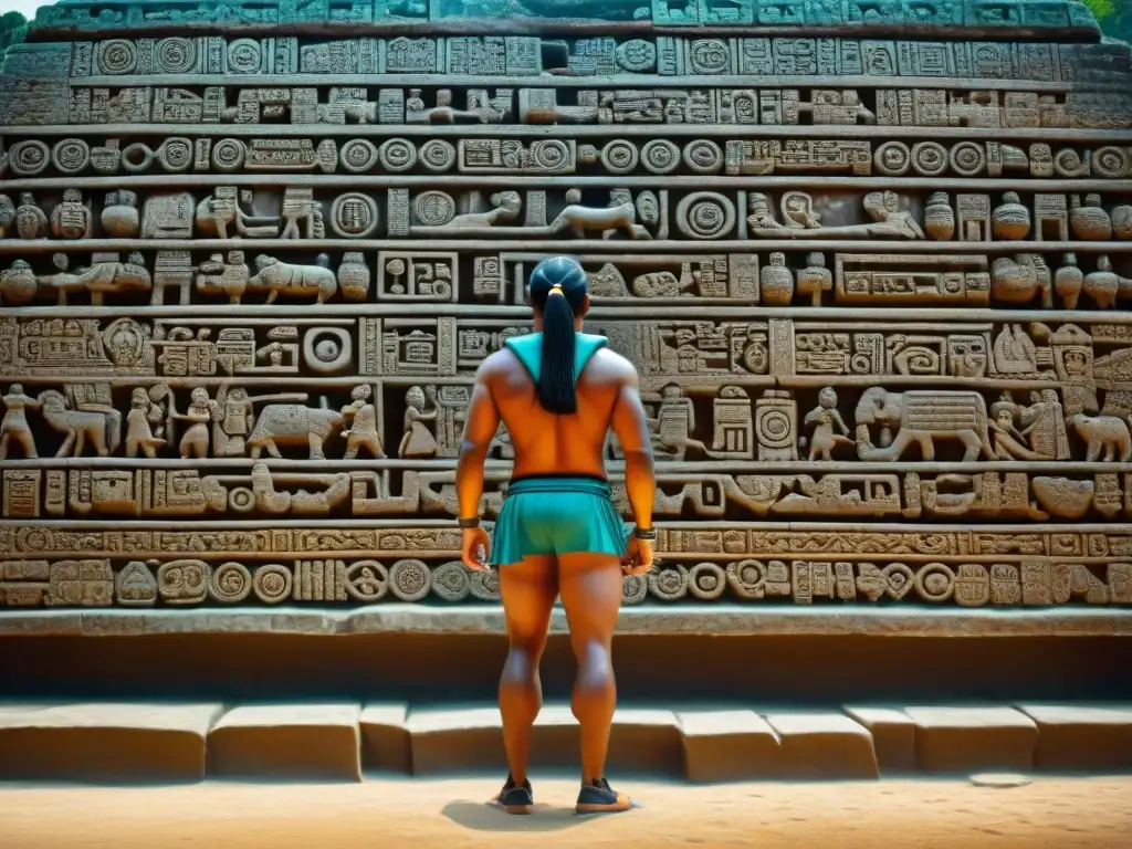 Intrincadas tallas y glifos en muro de juego de pelota maya, destacando el significado espiritual del juego