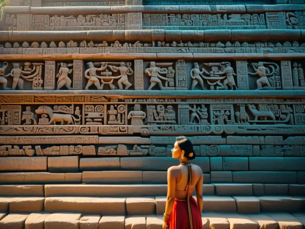 Intrincadas tallas y jeroglíficos en las paredes del templo maya, resaltando diseño arquitectura ceremonial templos mayas