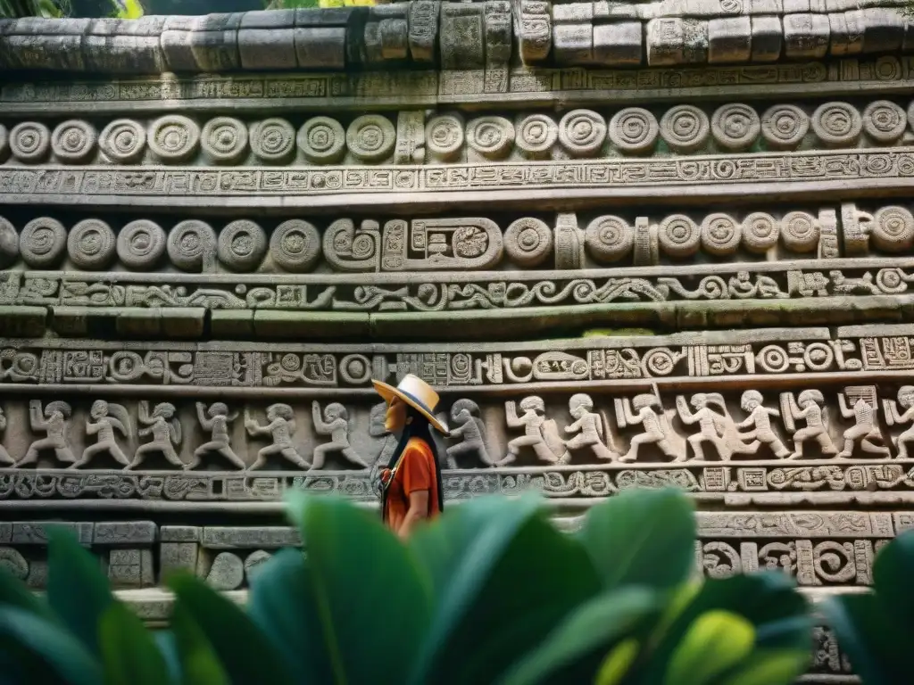 Intrincadas tallas y jeroglíficos en el Templo de las Inscripciones en Palenque, México, desafíos climáticos en construcciones mayas