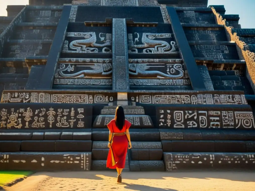 Intrincadas tallas y jeroglíficos en el Templo de la Serpiente Emplumada en Teotihuacán, destacando la influencia de Teotihuacán en Maya