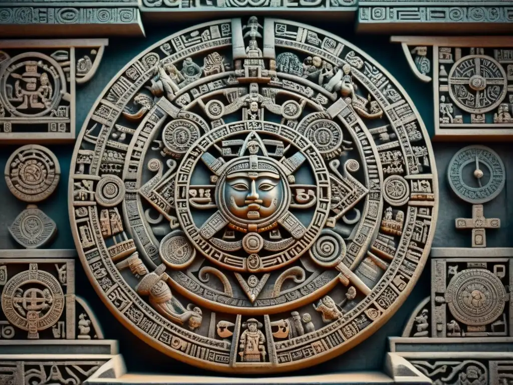 Intrincadas tallas en piedra del calendario maya, con símbolos y glifos detallados que representan los ciclos cósmicos