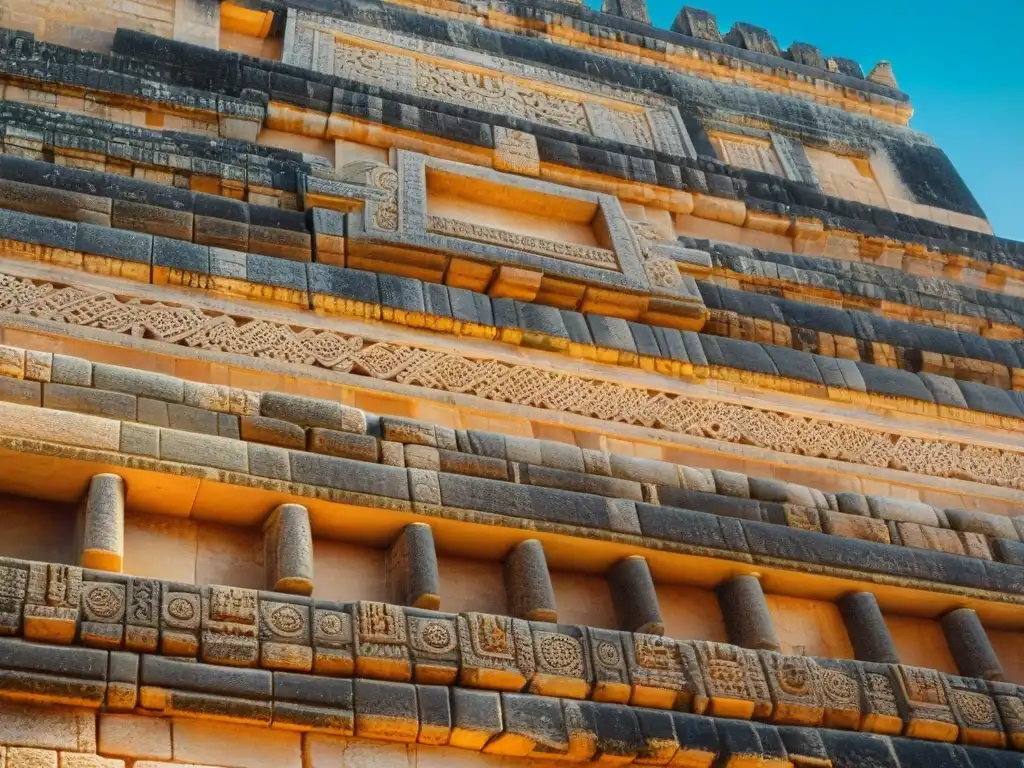 Intrincadas tallas de piedra iluminadas por el sol en la misteriosa construcción de Uxmal