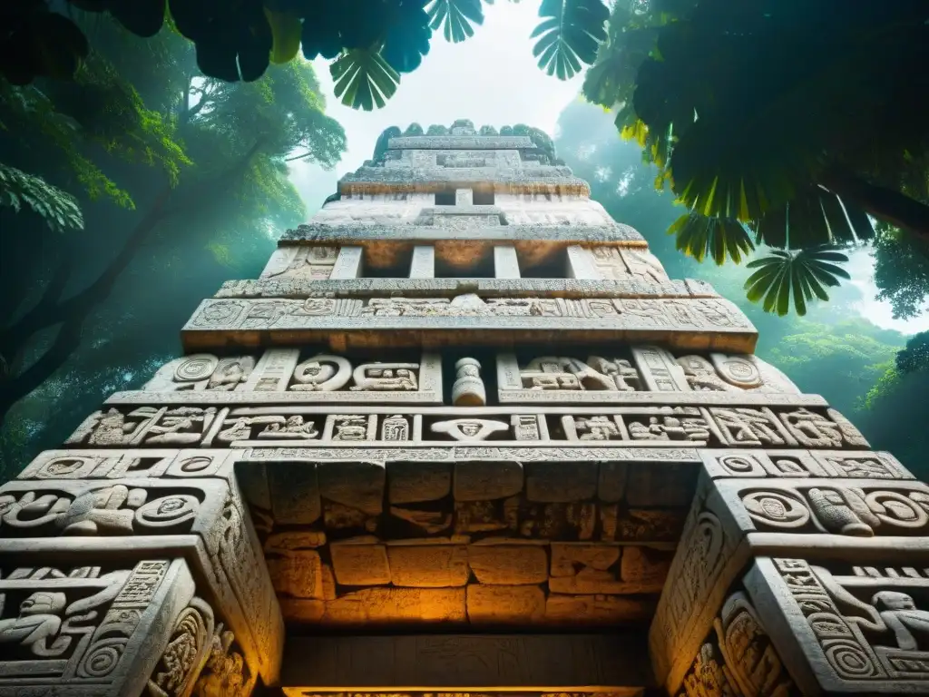 Intrincadas tallas de piedra y jeroglíficos en la entrada de la Tumba del Rey Pakal en Palenque, México, iluminadas por el sol entre la selva