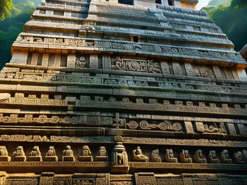 Las intrincadas tallas de piedra del Templo de las Inscripciones en Palenque, México, iluminadas por el sol poniente, revelan el impacto del colapso de Teotihuacán