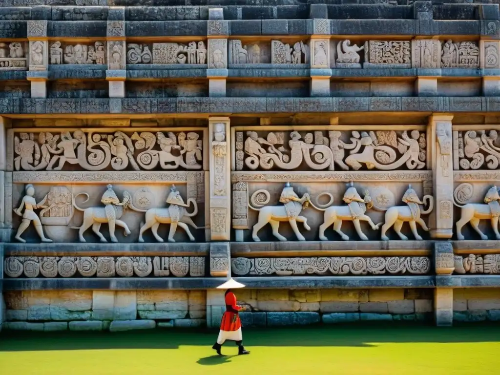 Intrincadas tallas de piedra en el Templo de los Jaguares en Chichén Itzá, destacando la cultura maya y sus secretos