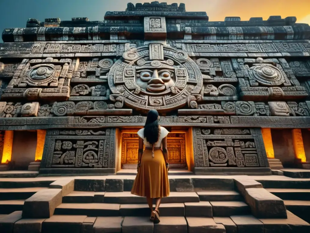 Intrincadas tallas de símbolos celestiales en templo maya iluminadas por la suave luz dorada del atardecer