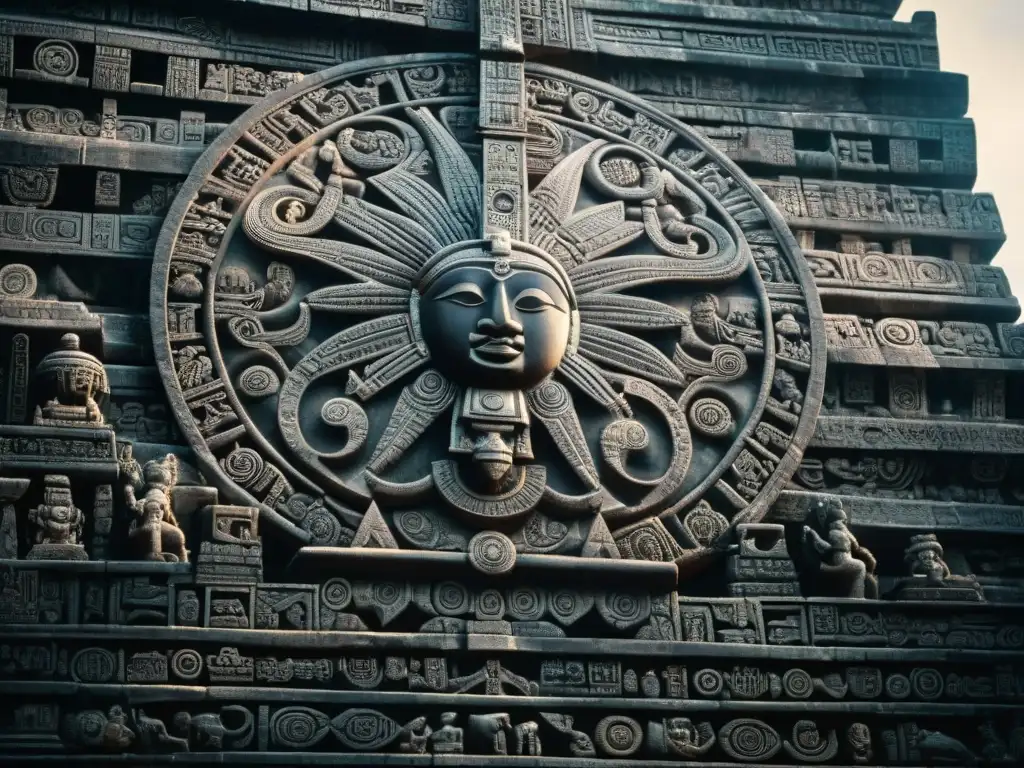 Detalles celestiales: Intrincadas esculturas en templo Maya Intrincadas tallas en templo maya con propósito celestial arquitectura maya