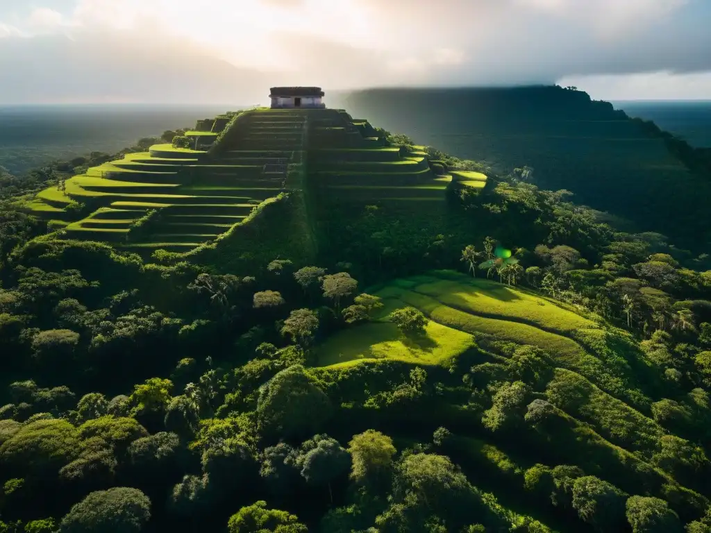 Intrincadas terrazas agrícolas mayas en la selva de la Península de Yucatán, destacando la resiliencia ambiental en la civilización maya