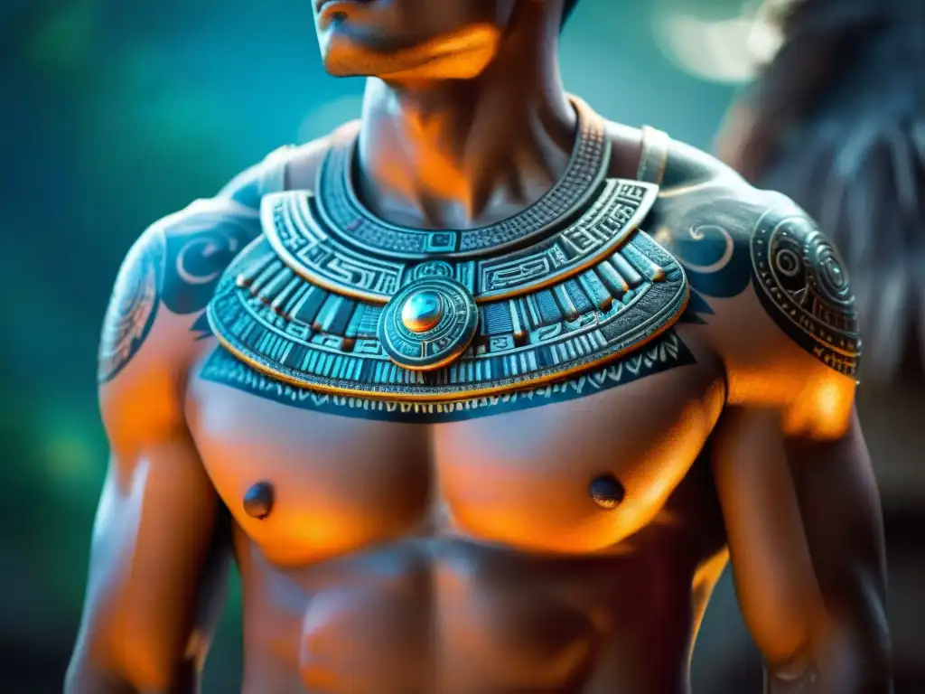 Intrincado arte corporal en civilización maya: detalladas marcas de valentía y belleza en el pecho de un guerrero maya