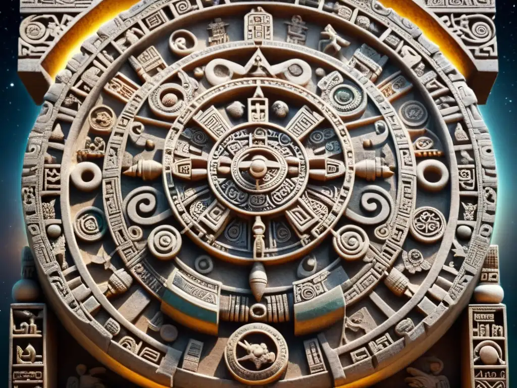 Intrincado calendario Haab' maya, representando ciclos solares y eventos celestiales