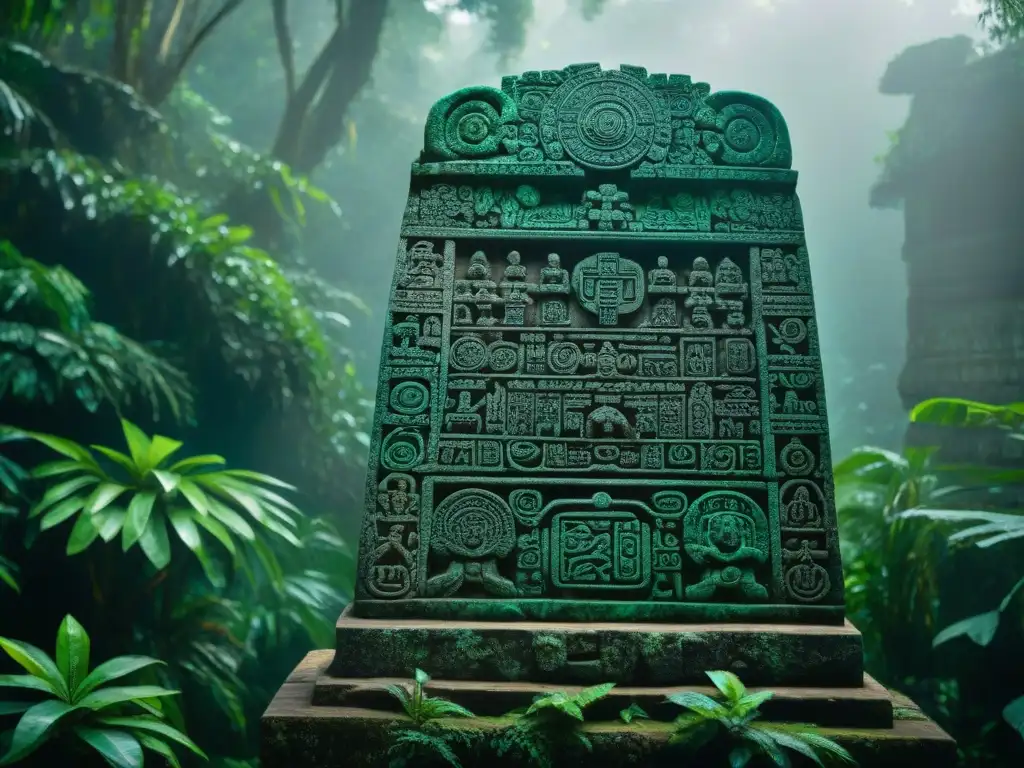 Intrincado Calendario Cuenta Larga en estela maya, resaltando la mística de la civilización Maya en la exuberante jungla