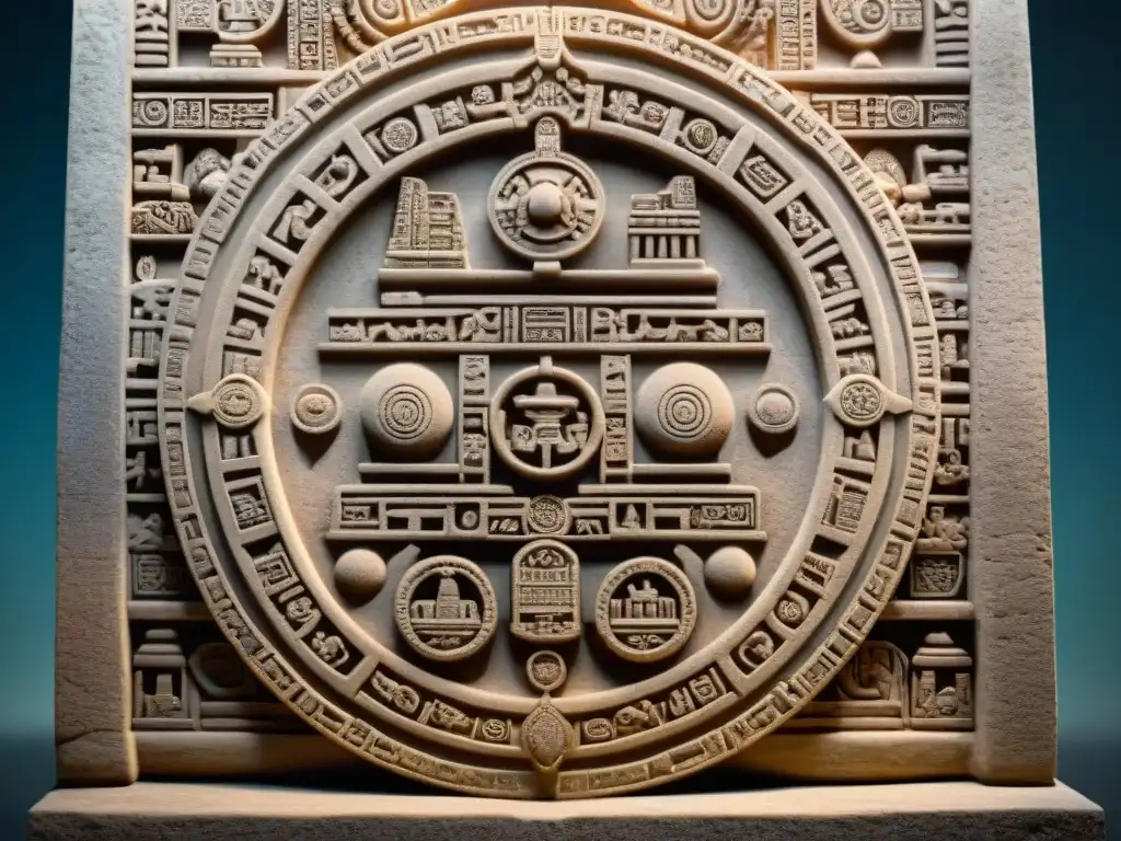 Intrincado calendario maya 2012, símbolos y glifos, bañado en luz natural, muestra la comprensión celestial de esta civilización