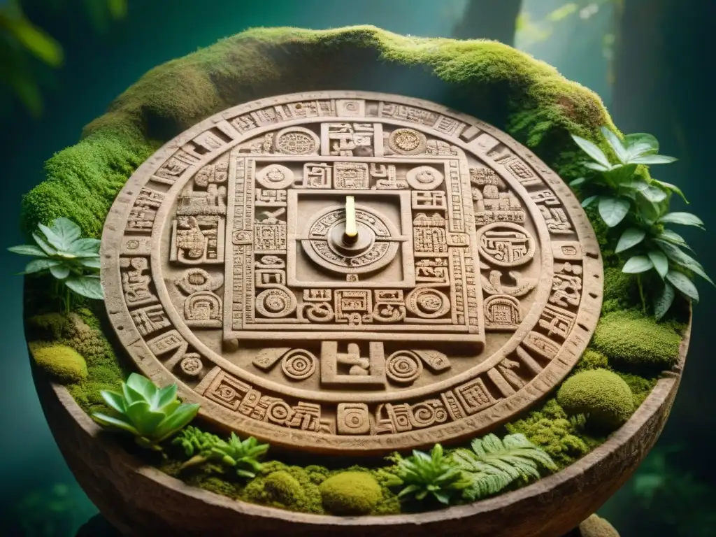 Intrincado calendario maya: detalladas inscripciones con musgo, bañadas por la luz