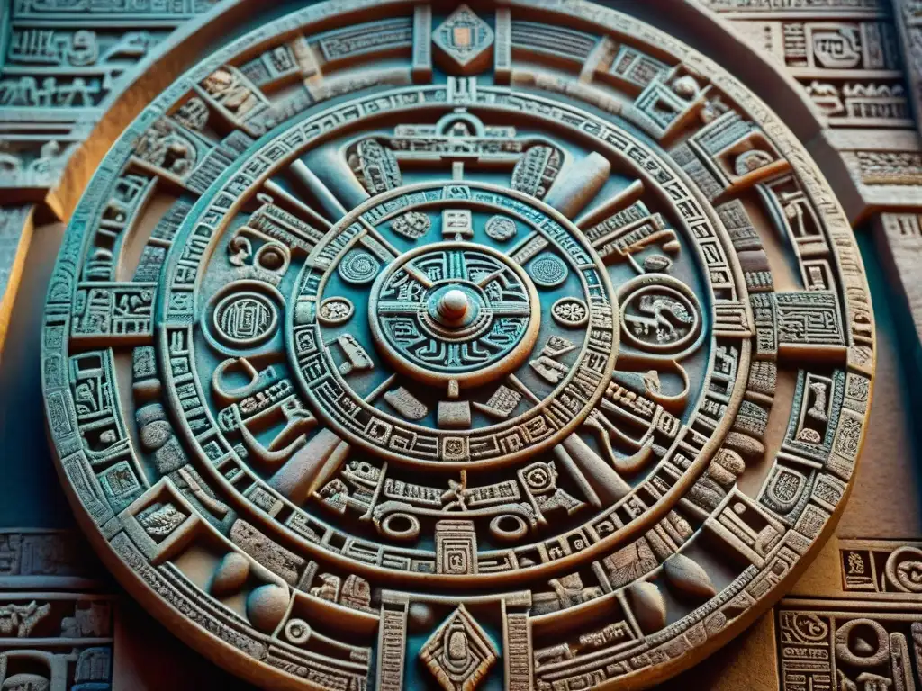 Intrincado calendario maya circular con detalladas inscripciones y símbolos, reflejando la sofisticada cosmovisión de la cultura maya