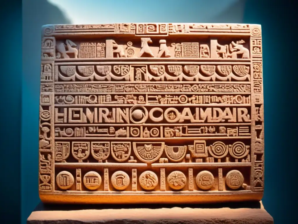 Intrincado calendario maya con interpretación divina, iluminado por rayo de sol en evento astronómico