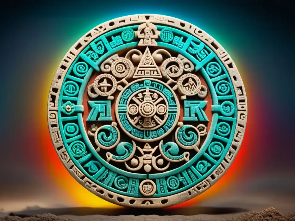 Intrincado calendario maya esculpido con precisión, simbolizando el ciclo Tzolk'in y la sociedad maya