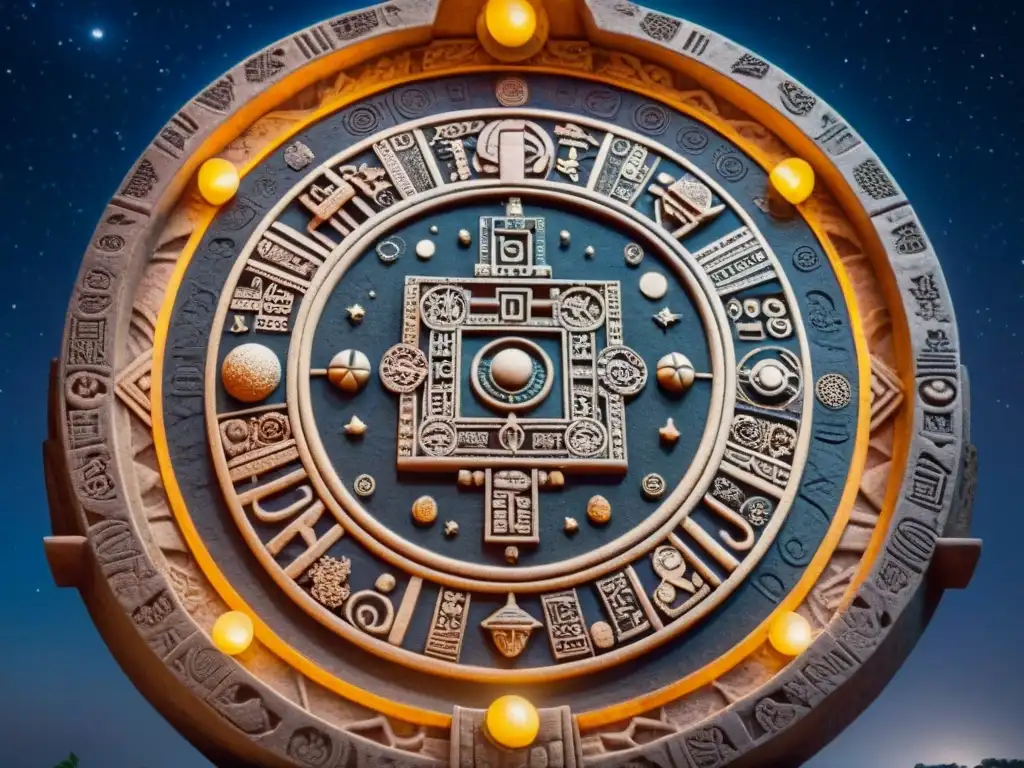 Intrincado calendario maya esculpido en piedra, con hieroglifos celestiales ante un cielo estrellado