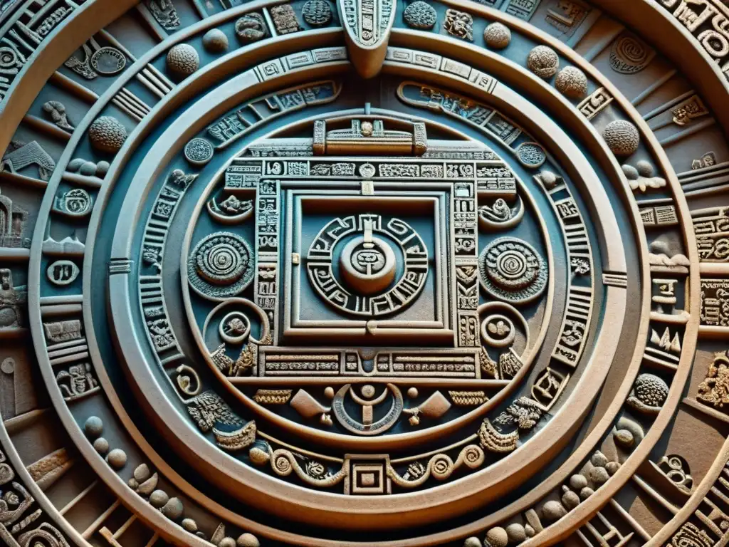 Intrincado calendario maya esculpido en piedra, revelando ciclos celestiales y símbolos