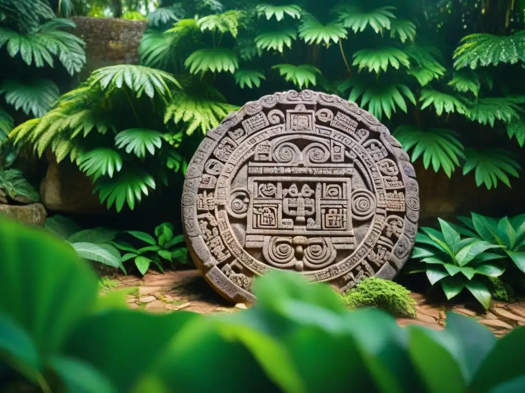 Intrincado calendario maya entre exuberante vegetación en sitio arqueológico, resaltando su significado histórico