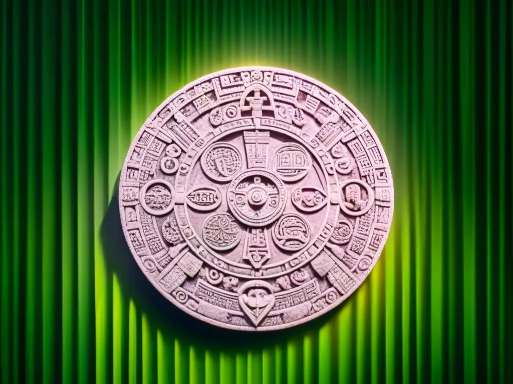 Intrincado calendario maya de piedra, bañado en luz solar en la selva, simbolizando sabiduría ancestral