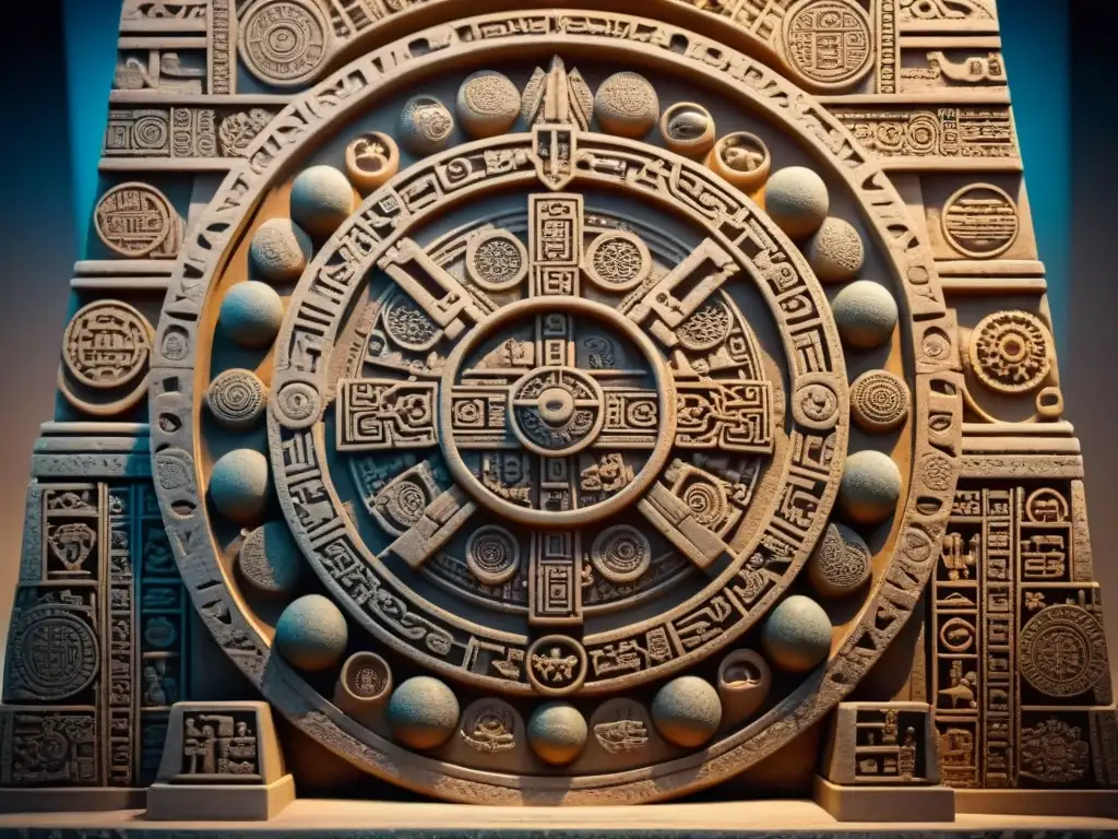 Detalle calendario maya: precisión celestial en piedra Intrincado calendario maya con precisos eclipses, destacando su complejidad y conocimiento astronómico