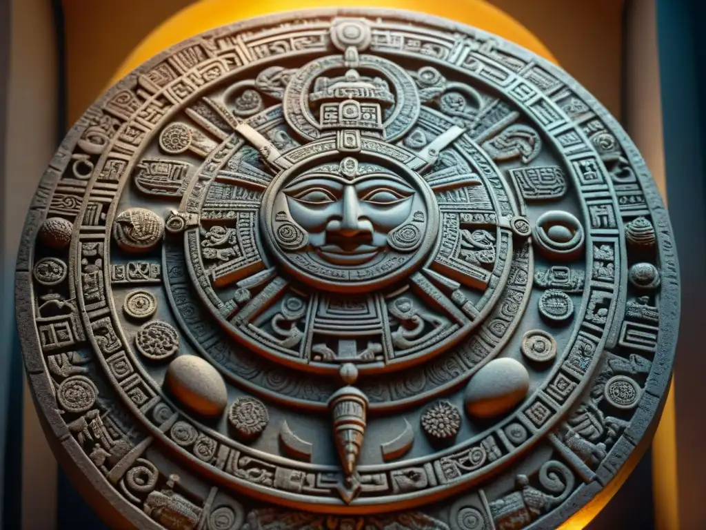 Intrincado calendario maya con profecías mayas fin de tiempos, resaltando sus detalladas inscripciones y simbología en piedra iluminada naturalmente