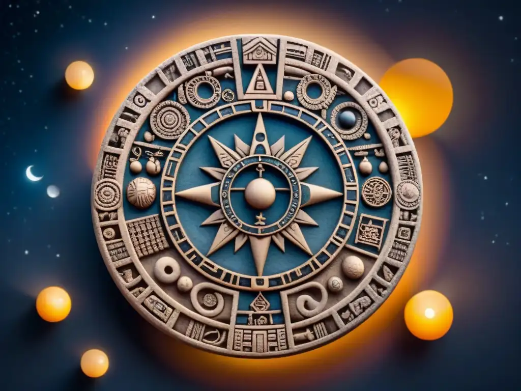 Intrincado calendario maya rodeado de herramientas astronómicas, en la noche estrellada