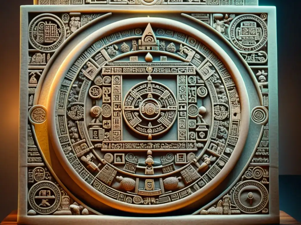 Intrincado calendario Maya siglo XXI relevancia en piedra tallada con símbolos y jeroglíficos, bañado en luz natural