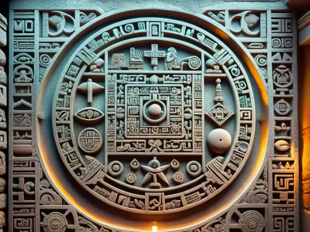 Intrincado calendario maya de piedra, símbolos celestiales y el paso del tiempo, bañado en cálida luz solar