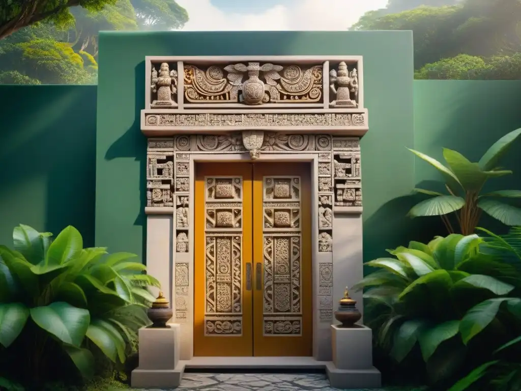 Intrincado diseño maya de puertas falsas con simbolismo, fusionando tradición y modernidad en la selva