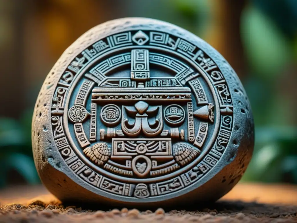 Intrincado equilibrio bien mal dualidad maya tallado en la piedra del calendario maya, iluminado por luz natural