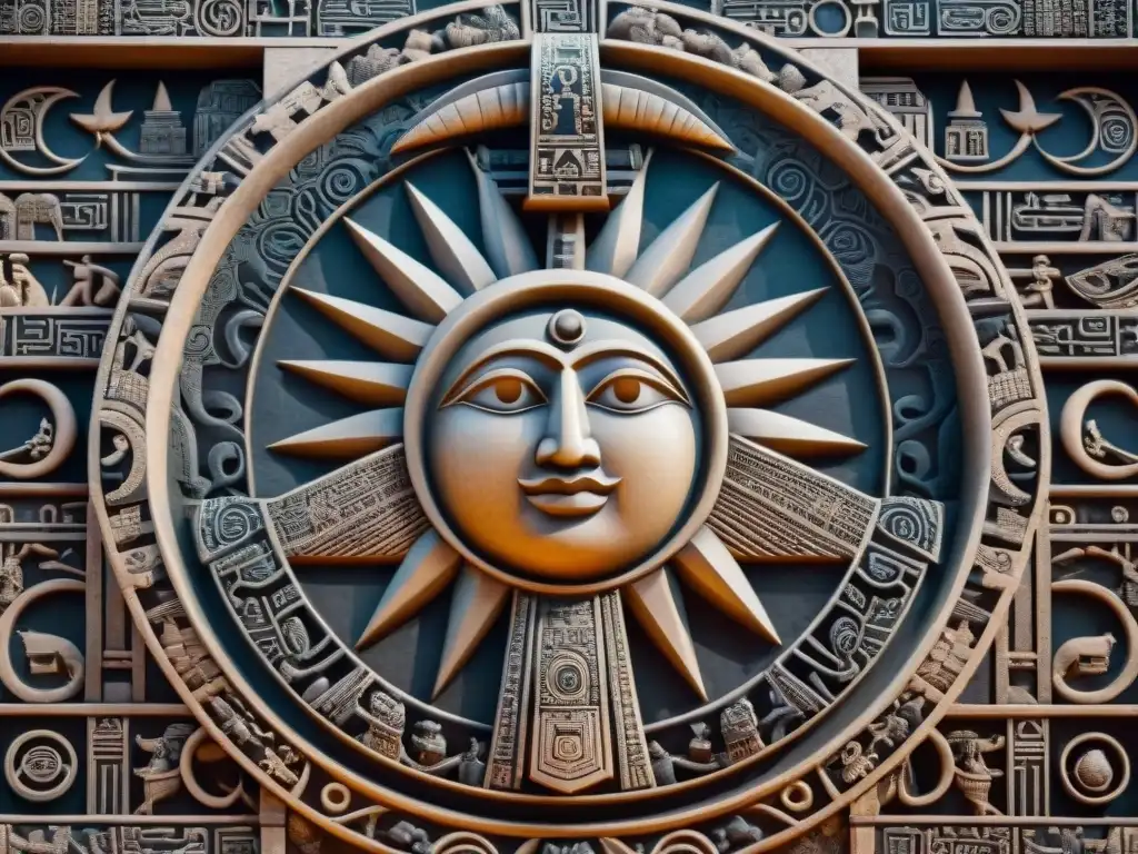 Jeroglífico maya de eclipse: arte astronómico ancestral Intrincado glifo maya de un eclipse en piedra, con sol y luna alineados y símbolos celestiales